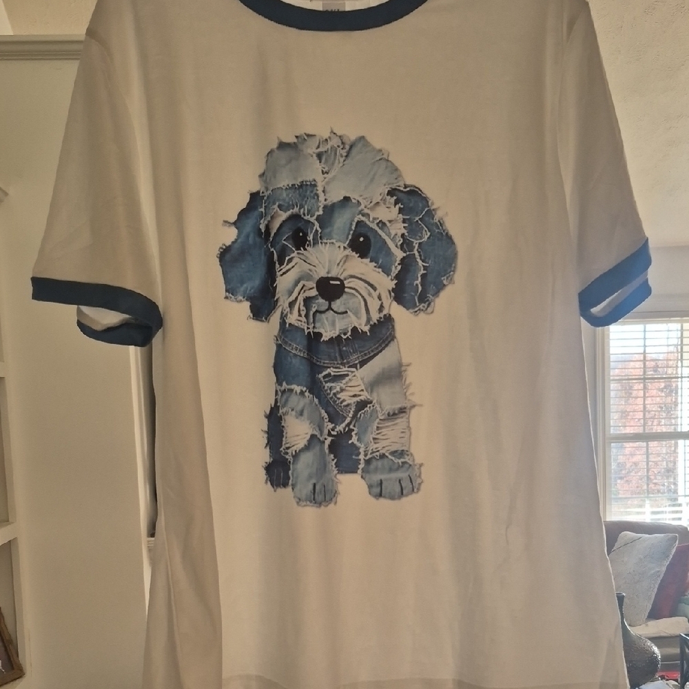 Charming Blue and White Adult Tshirt With A Dog On Front - Picture 3 of 6
